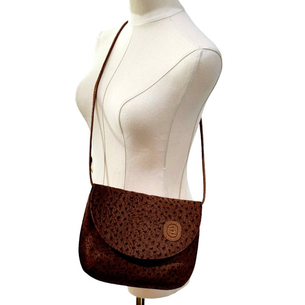 Vintage Aries Brand Shoulder Bag Purse Brown Leather Faux Ostrich Design **READ